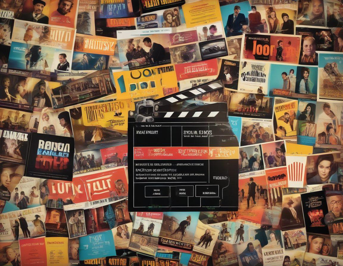 A vibrant collage featuring a variety of movie posters, including indie films and blockbusters, with popcorn, a film reel, and a cinema marquee glowing in the background. Showcase a diverse group of film enthusiasts excitedly discussing their favorite upcoming releases. Use bright, engaging colors to create a cinematic feel. Vector art. Dynamic layout.