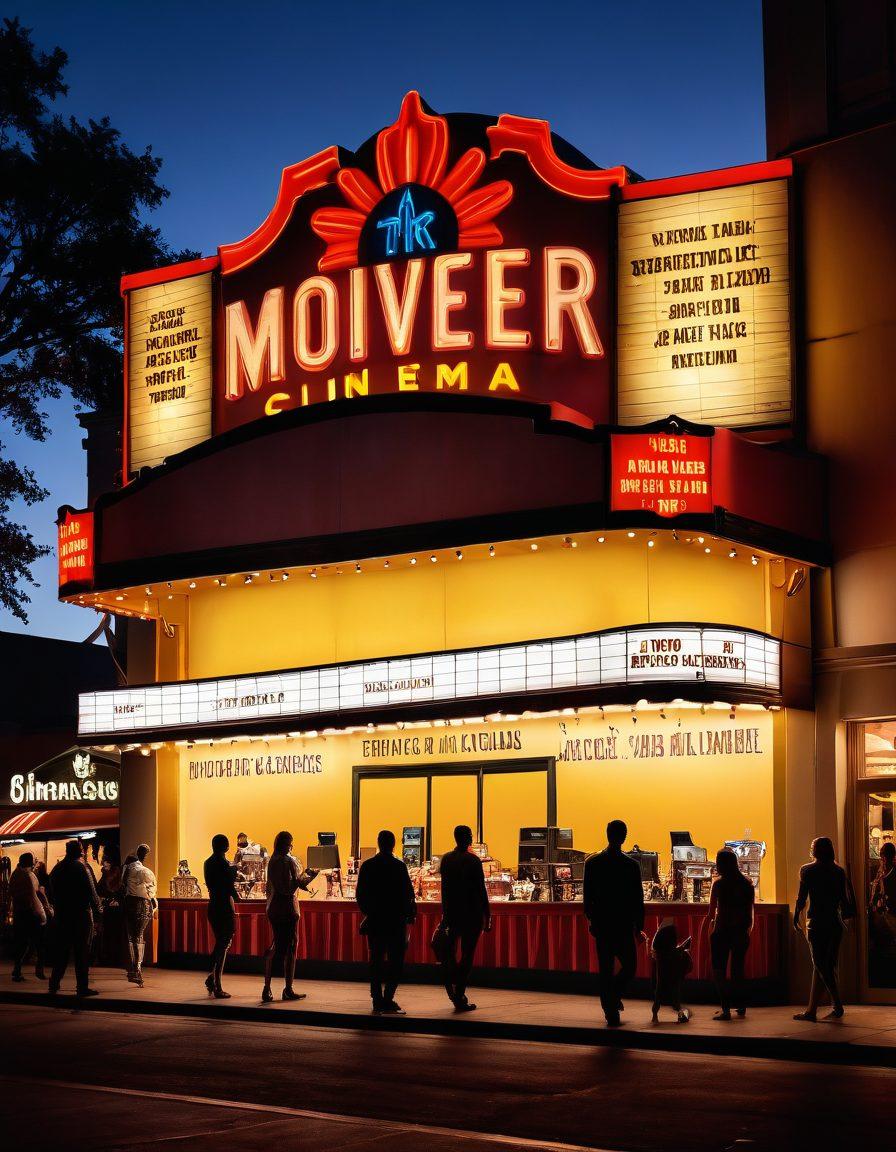A captivating landscape scene featuring a vintage cinema marquee illuminated at dusk, surrounded by iconic film posters of must-watch films and hidden gems. Include a popcorn stand with a film reel spilling over, while silhouettes of moviegoers in awe are seen entering the cinema. Soft glow from the marquee lights creates a dreamy atmosphere. vibrant colors. cinematic art style.